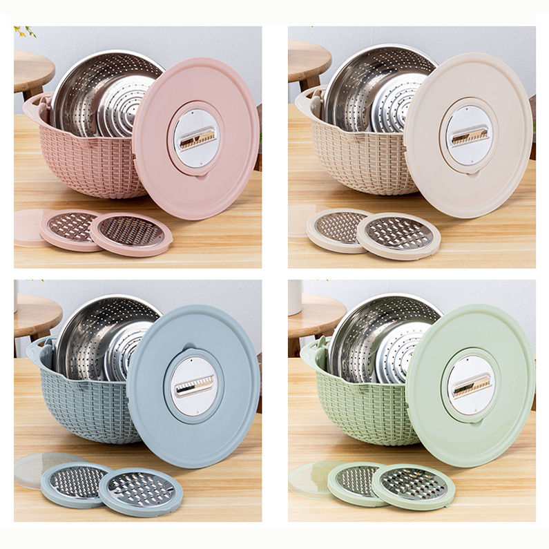 Stainless steel multi-functional drain basket double-layer rotating vegetable basket fruit basket grater suit vegetable cutter