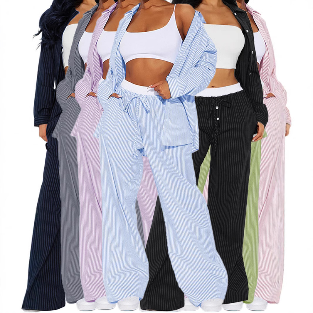 European and American New 2025 Spring Amazon Women's Casual Striped Laps Shirt Single-breasted Flat-angle Wide-leg Pants suit
