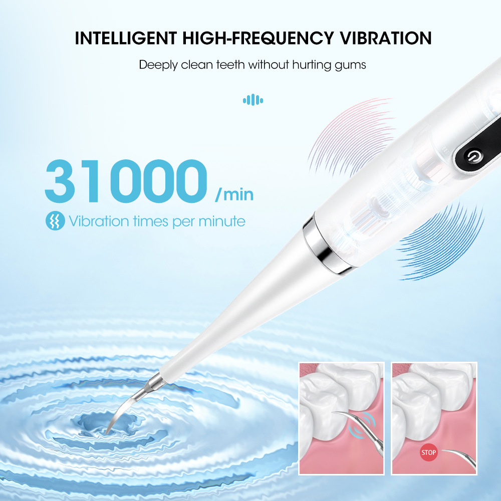 Dental cleaning device for effective removal of teeth stains, tartar, and plaque, featuring five adjustable vibration modes