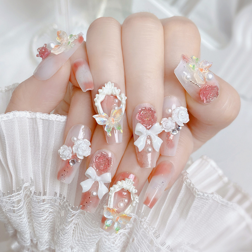 Wear a finished nail nail nail piece boxed fake nails wholesale bow gentle bride nail patch U33