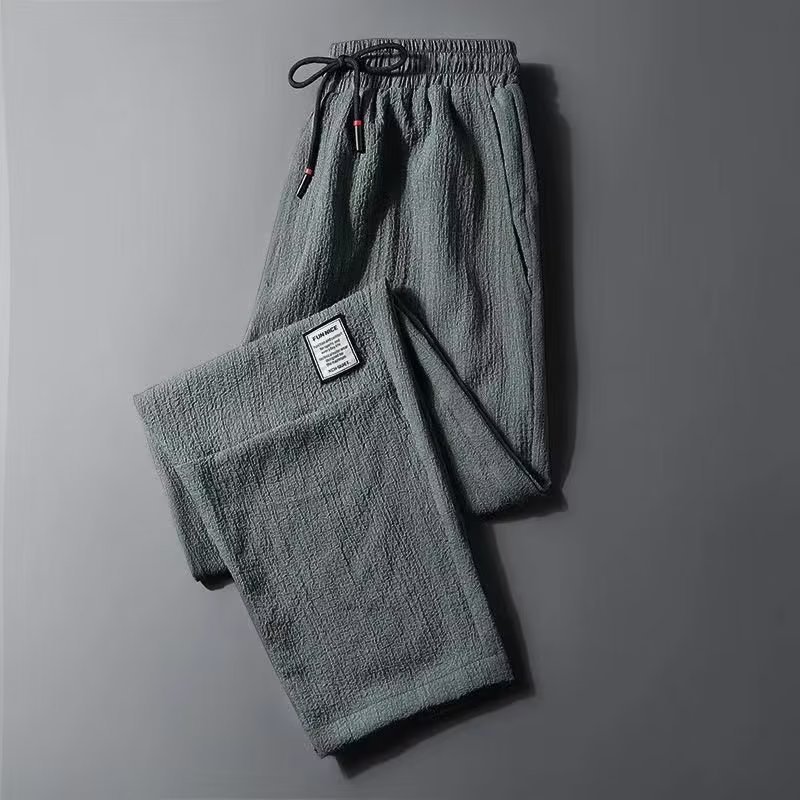 Summer Ice Silk New Linen Thin Casual Pants Men's Straight Label Korean Style Loose Large Size Sports Ankle-length Pants