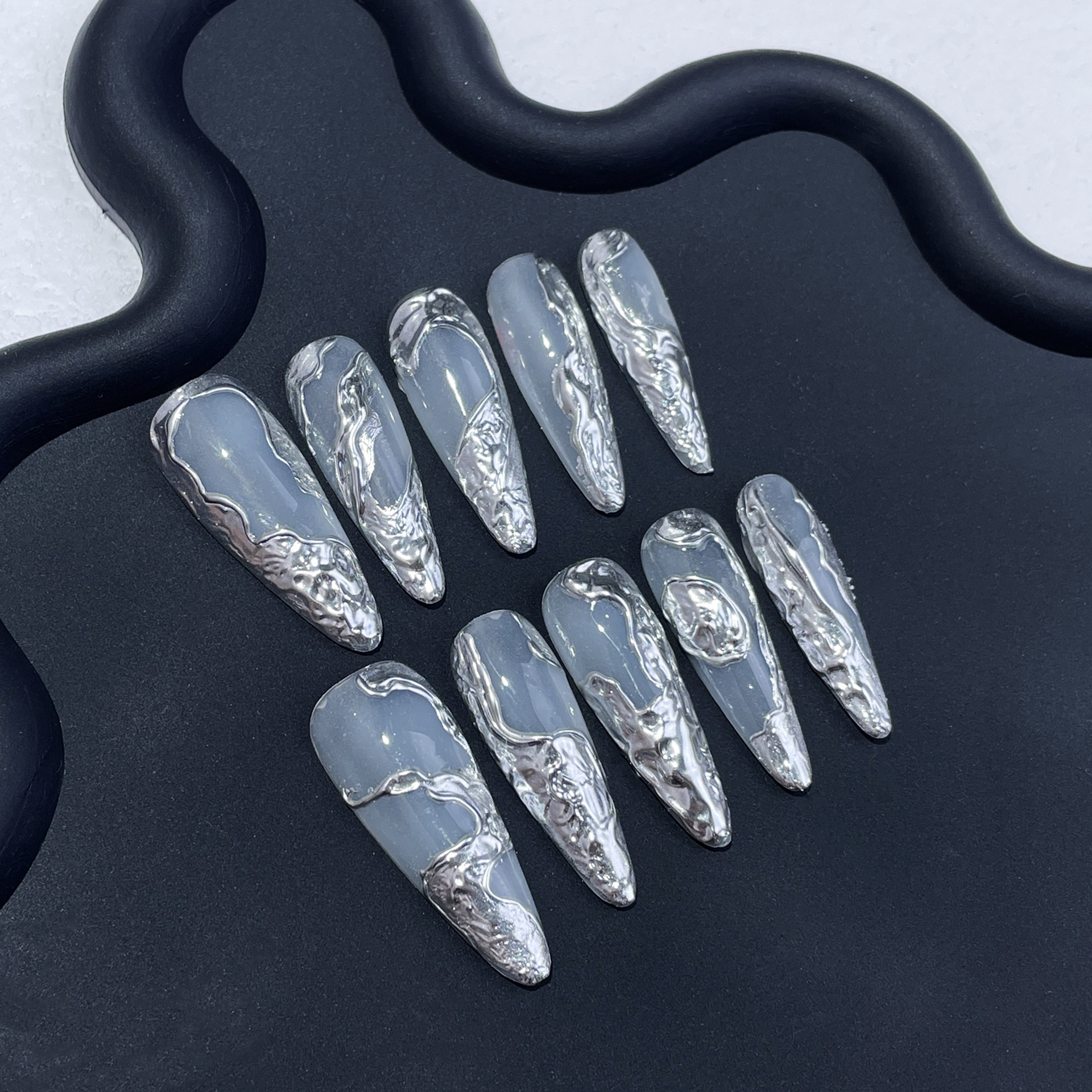Irregular Three-Dimensional Metal Hot Girl Hand-Wear Armor Advanced Cold Tone Silver Magic Mirror Powder Finished Nail Art Patch