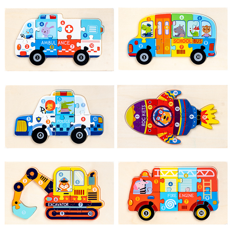 Wooden three-dimensional buckle traffic jigsaw puzzle children's educational early education Enlightenment vehicle cognitive jigsaw wooden toys