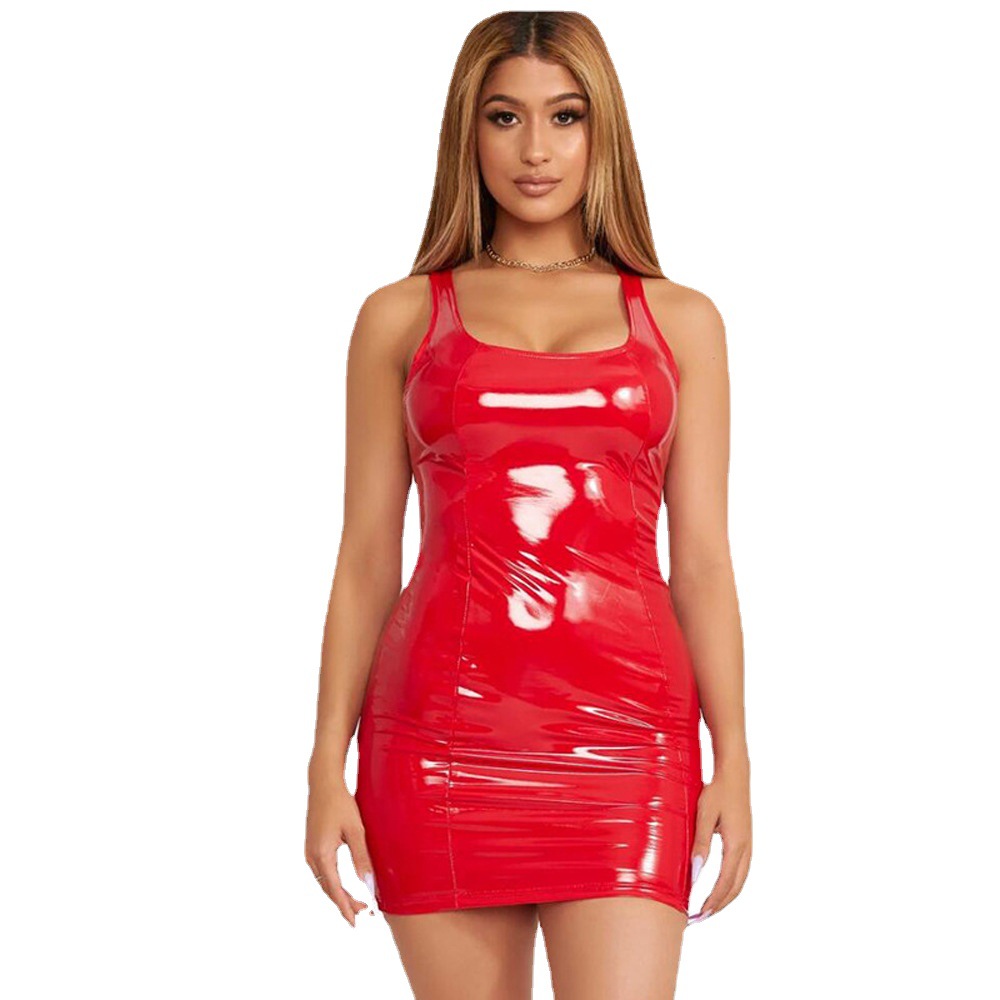 Cross-border Amazon 2023 Women's New Dress Summer Sexy Sleeveless Imitation Leather Zipper PU Hip Dress