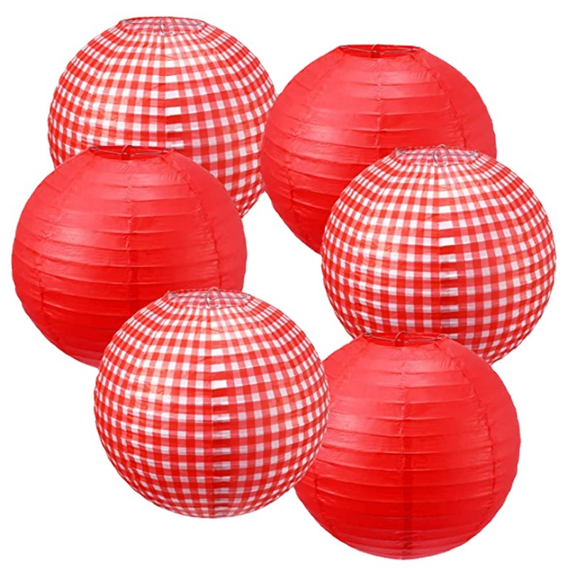 Cross-border new round lantern outdoor dinner red plaid paper lantern outdoor decoration red lantern factory wholesale