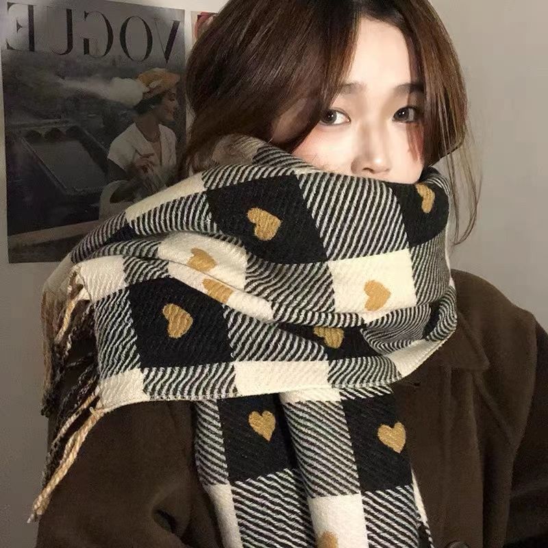 Red Riding Book with Double-sided Love Cashmere Plaid Scarf Women's Winter Tassel Korean Style Retro Long Shawl Scarf