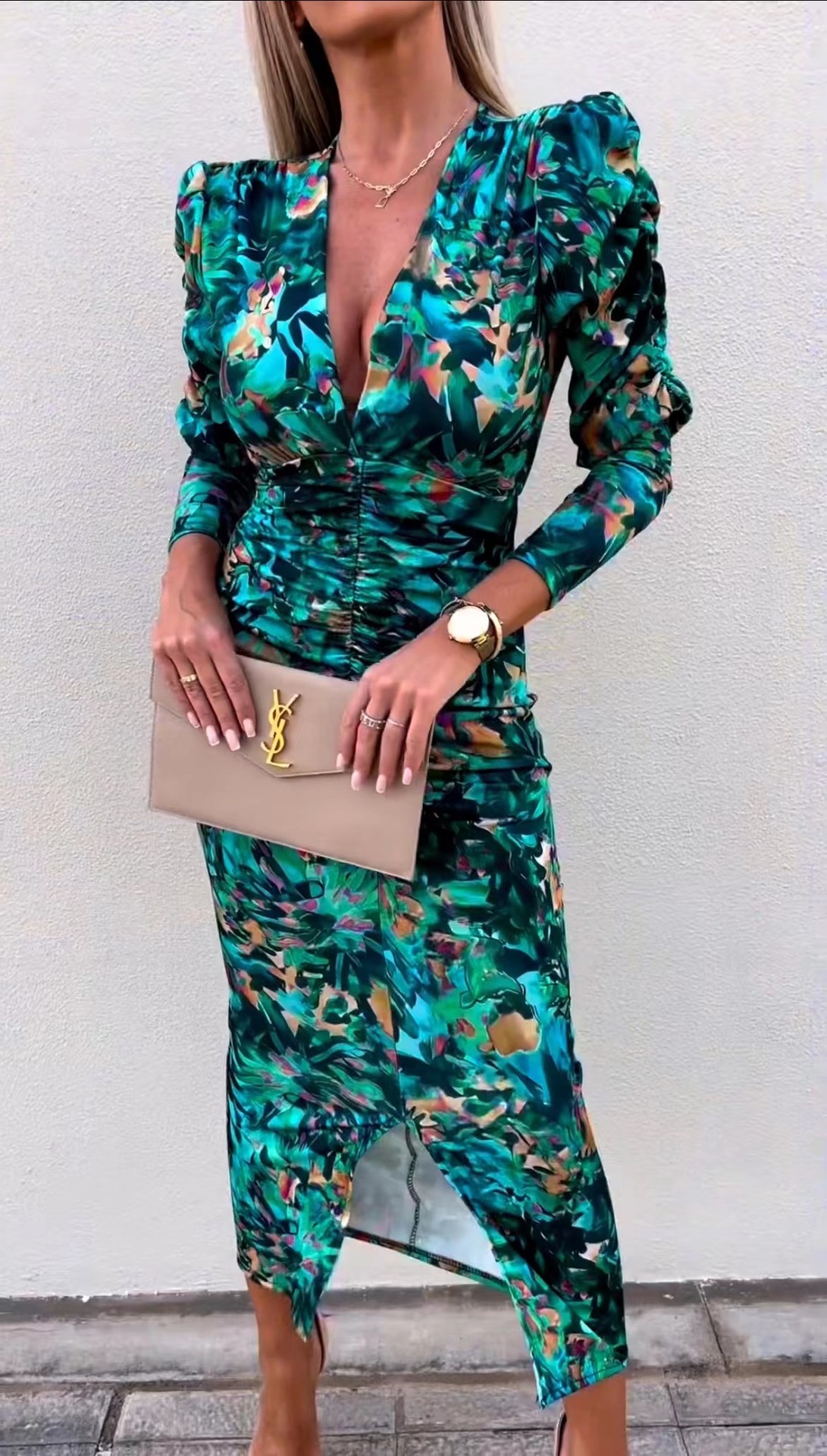 2023 European and American cross-border spring new fashion printed deep V-neck sheath high elastic long split dress women