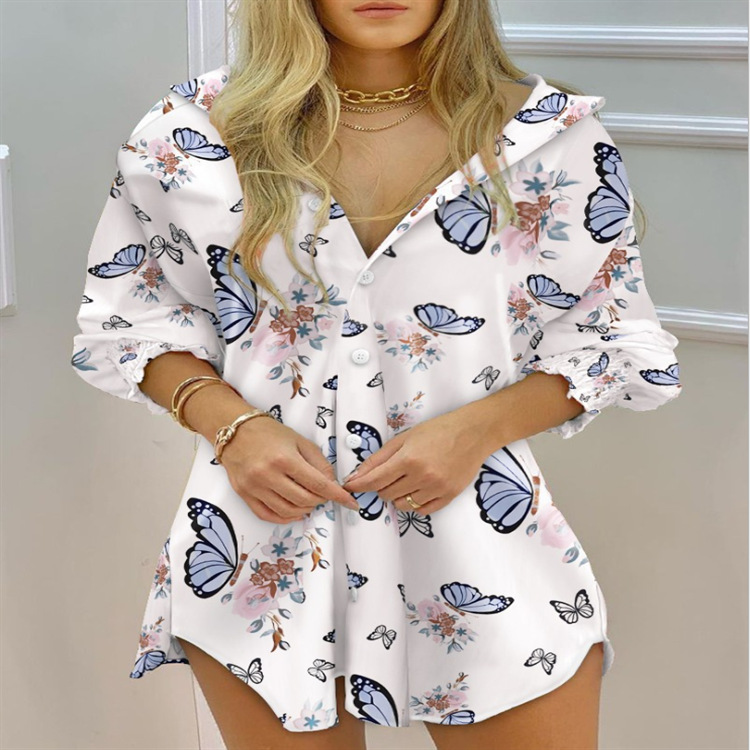 2022 Amazon wish European and American New Summer Long Sleeve V-Neck Button Striped Shirt Dress