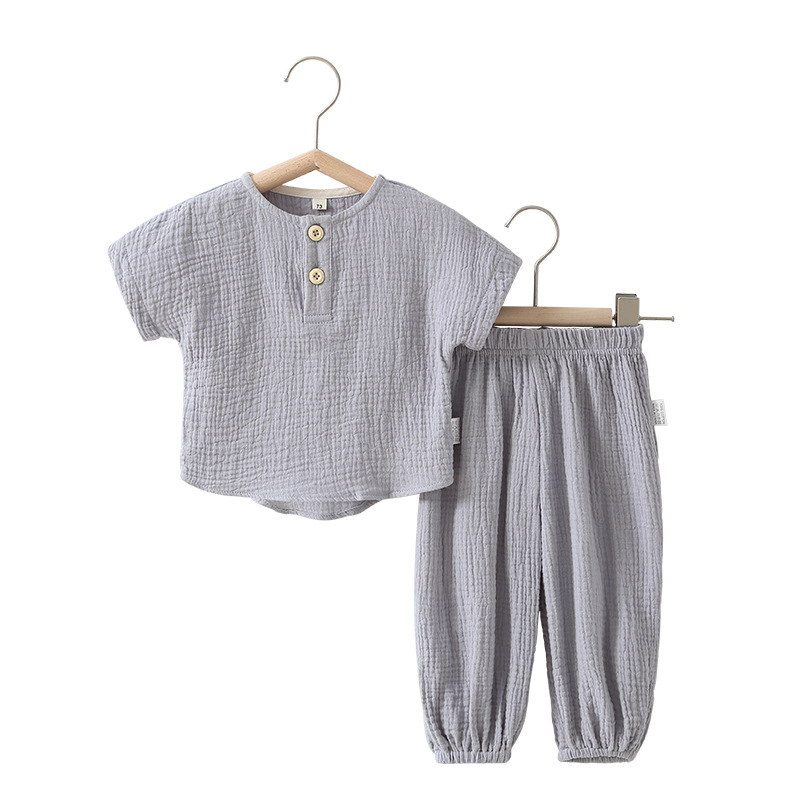 Baby Two Pieces of Wrinkled Cloth suit Short Sleeve Breathable Male and Female Baby Split Pure Cotton Gauze Clothes Children's Pajamas Cross Border