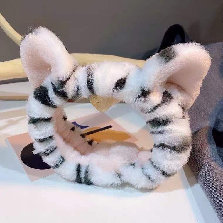 2023 Explosion Cartoon Cute Tiger Pattern Cat Ear Three-dimensional Hair Band Plush Face Wash Makeup Hair Accessories Hair Band