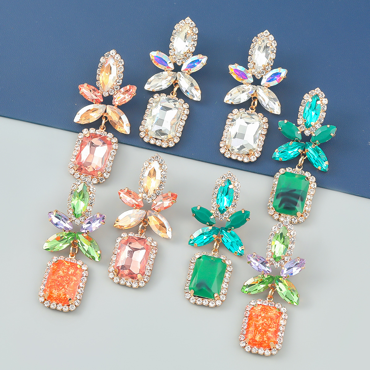 2022earrings時尚彩鑽合金鑲鑽花卉方形耳墜幾何耳環潮女歐美耳飾