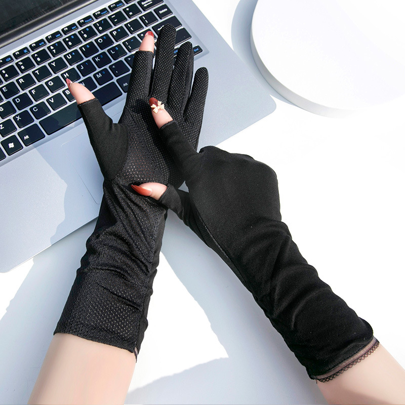 Sunscreen Gloves Women's Mid-Length Summer Thin Driving Ride Tea Picking Nail Art Non-Slip Cotton Breathable Open Fingers Spring and Autumn Half Finge_voghion.com