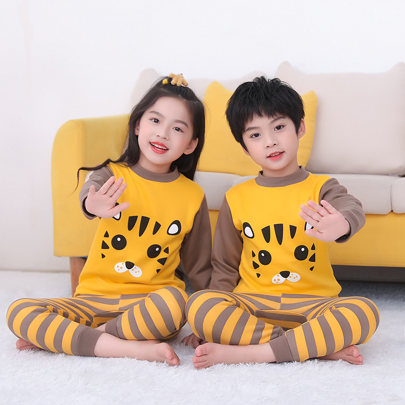 Children's thermal underwear suit baby fleece-lined thickened mid-collar boys and girls autumn clothes long pants middle and big children pajamas autumn and winter