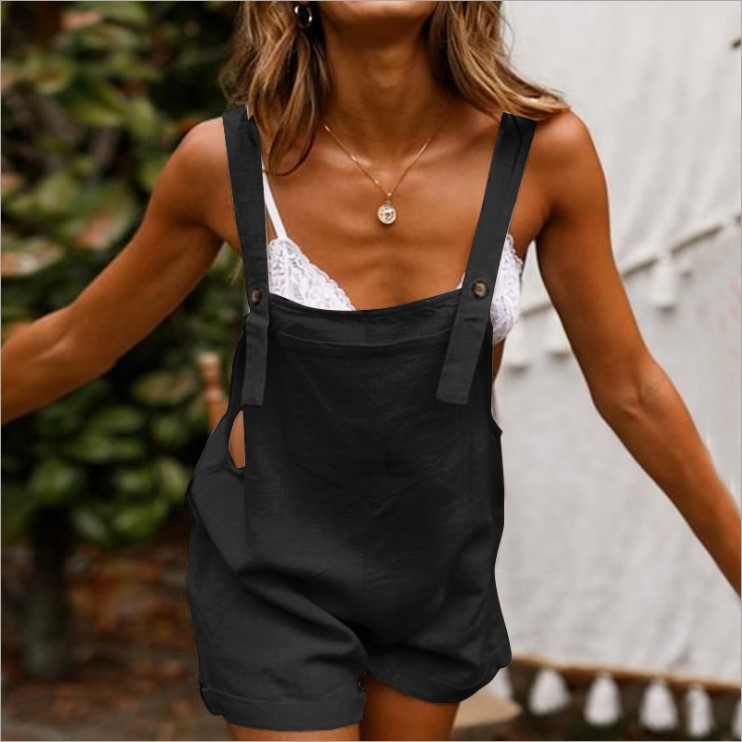 European and American 2021 summer cross-border new cotton and linen new one-piece strap solid color button casual women's shorts