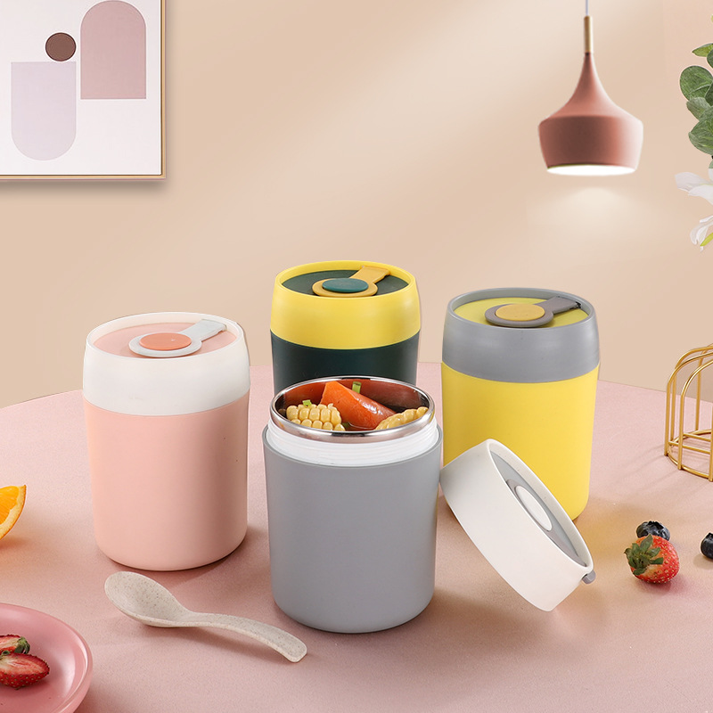 INS Japanese-style 304 Stainless Steel Breakfast Cup Large Capacity Soup Cup with Lid and Spoon Student Portable Sealed Oat Milk Cup