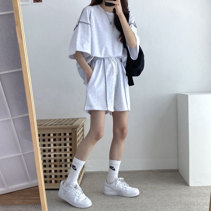 Cotton-inclusive set of women's short-sleeved shorts two-piece set of student couples Korean style summer fashion casual sportswear loose