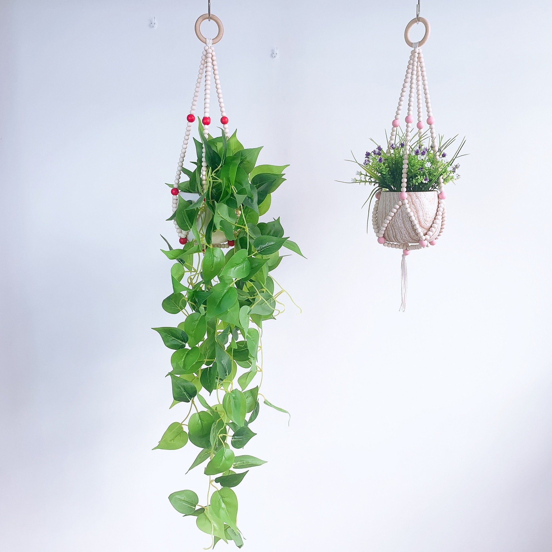 ins Nordic Style Wooden Bead Flower Pot Hanging Basket Hanging Ornaments Home Decoration Creative Bead String Tassel Flower Pot Hanging Basket