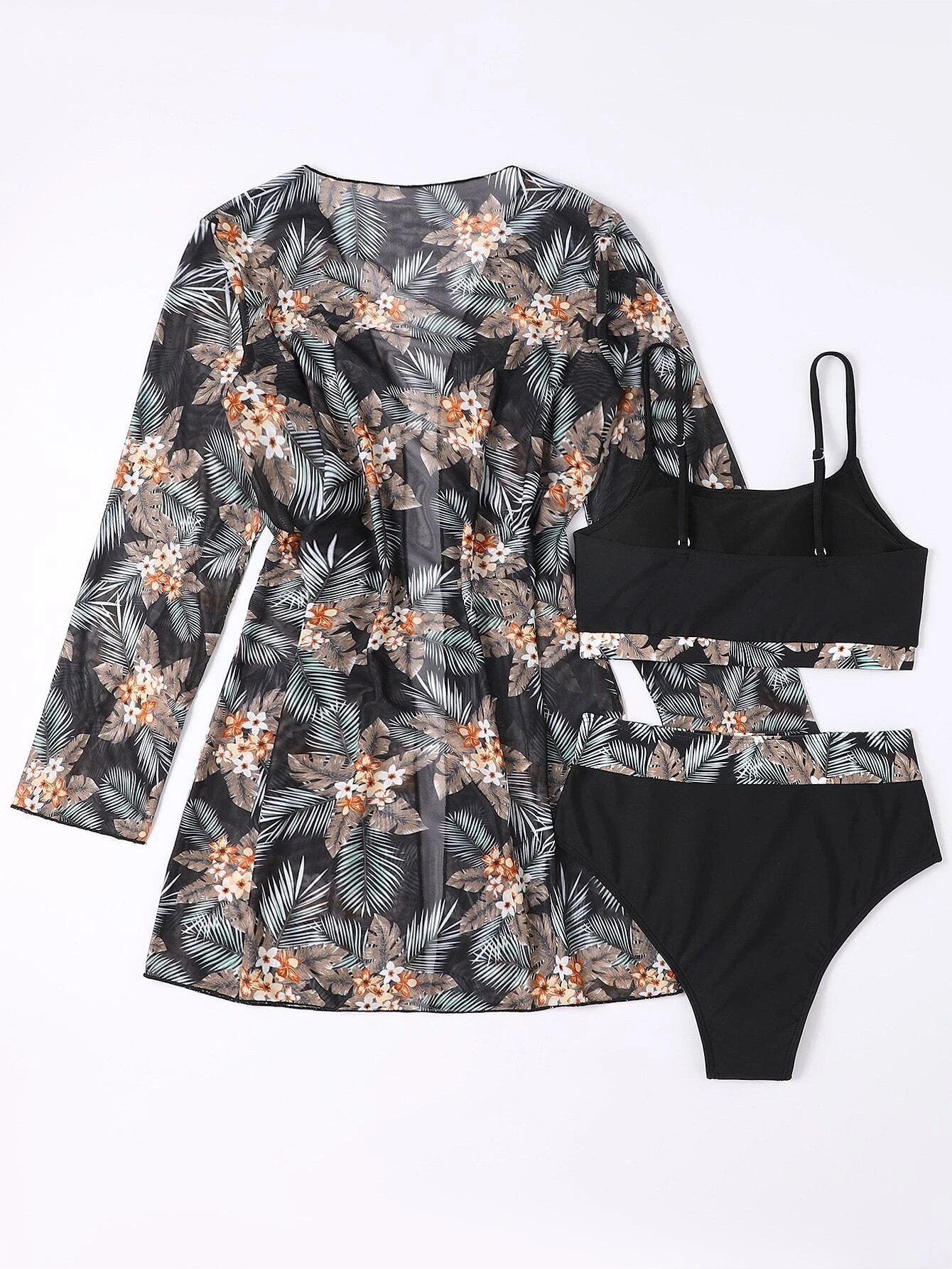 European and American Foreign Trade Swimsuit Women's Split Three-piece Set High Waist Long-sleeved ins Blouse Sunscreen Internet Popular Cross-border AliExpress Suit
