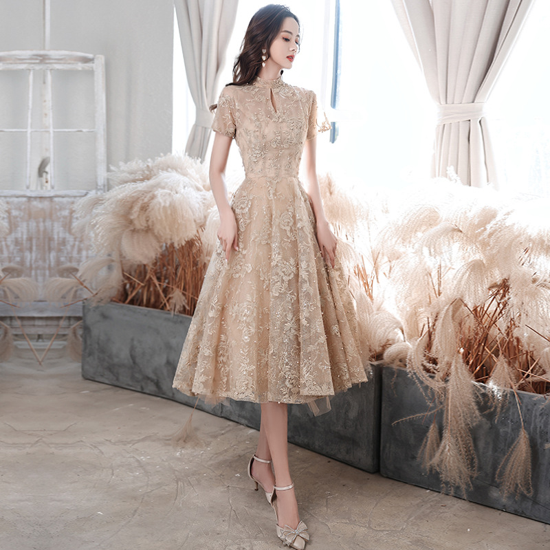 French Evening Dress for Women 2024 New Style Celebrity Party Elegant Banquet Small Man Champagne Bridesmaid Dress