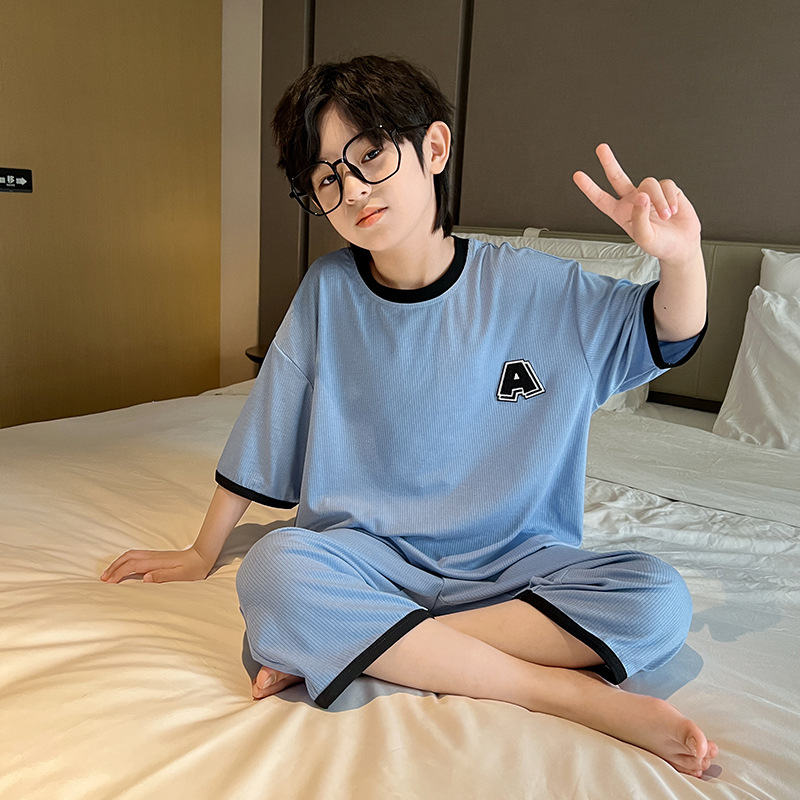 2023 Ice Silk home wear for boys and older children summer new casual comfortable pajamas two-piece air conditioning clothes fashion