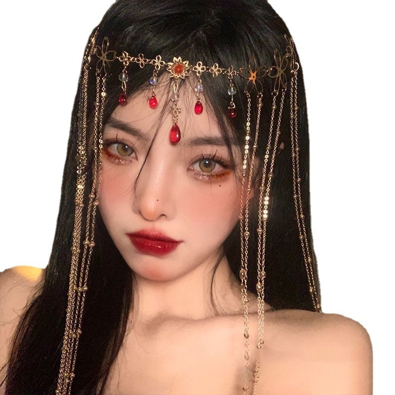 ネットの赤い同モデルの花の流蘇の眉の心は復古の仙気の水滴のかんざしの面のカーテンの額を飾って漢服の古風な髪飾りを飾ります。|undefined