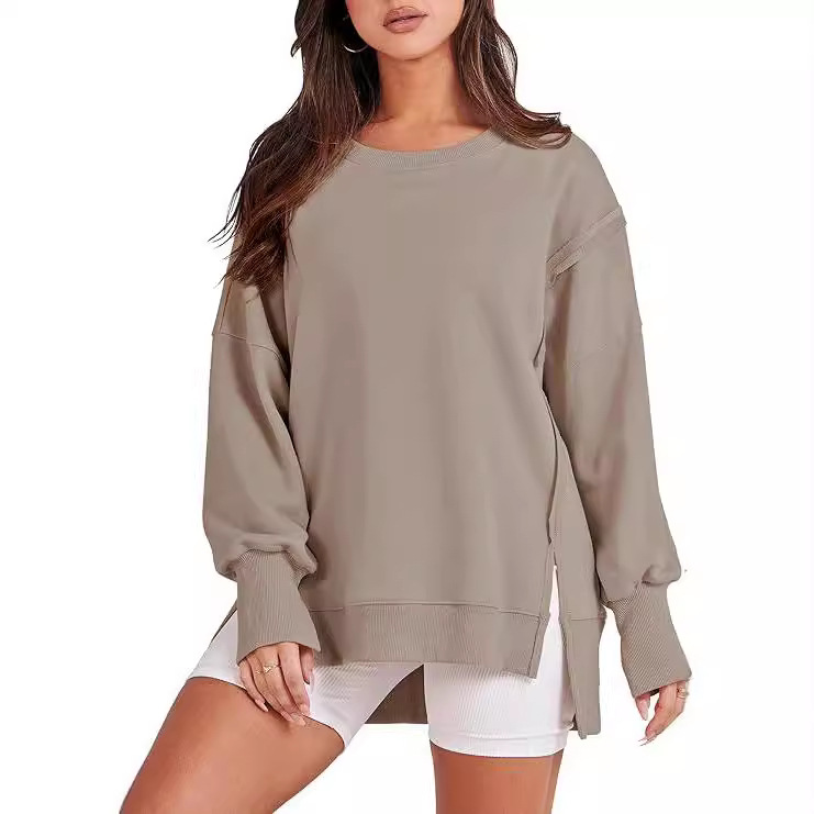 Amazon 2024 foreign trade Europe and the United States new round neck long sleeve top women's burr split stitching sweater cross-border women's clothing