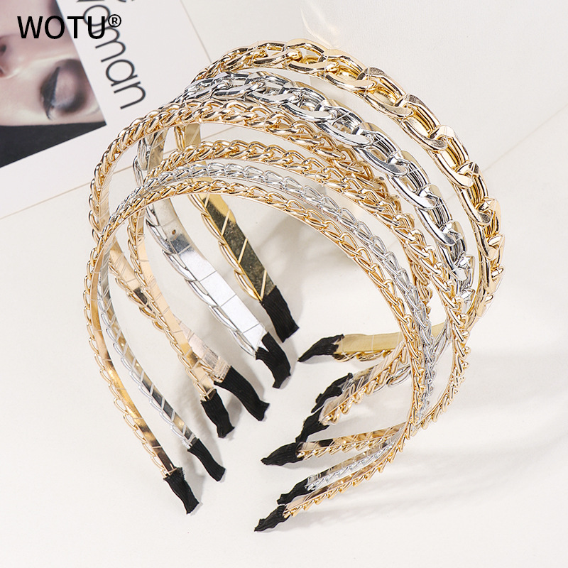 Amazon Korean-style New Large Chain Alloy Headband Simple Headband All-match Metal Handmade Silver Headwear