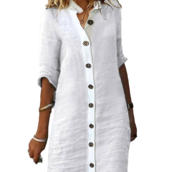 2023 new cross-border foreign trade European and American women's clothing spring and summer shirt collar mid-sleeve large round buckle cotton and linen dress