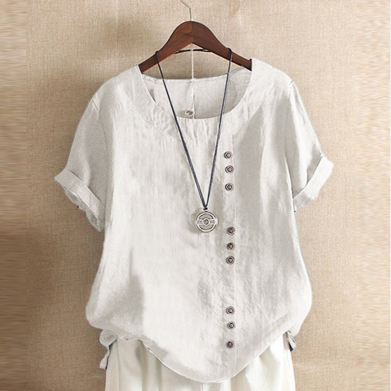 2019 Summer Vintage Large Size Casual Loose Cotton and Linen Short-sleeved Pullover T-shirt Cotton and Linen Women's Clothing