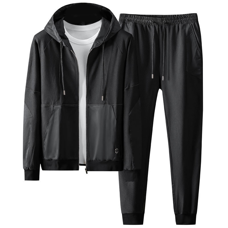 2024 Spring and Autumn New Sports Leisure suit Men's Honeycomb Mesh Elastic Slim-fit Hooded Fashion Two-piece Set for Men