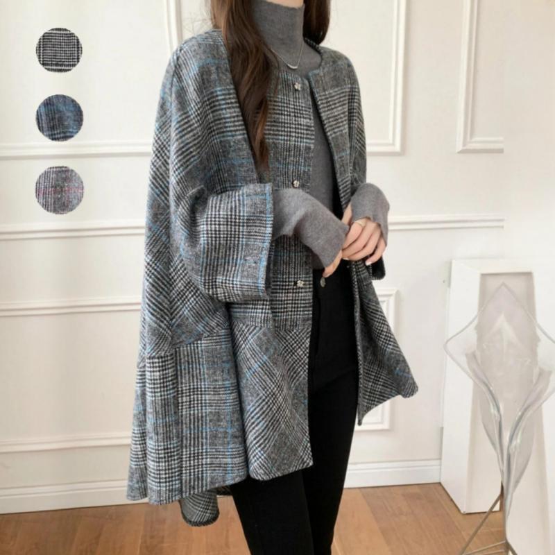 Mid-length cardigan round neck plaid coat cape for women 2024 autumn and winter New Korean style fashion trendy coat for women_voghion.com