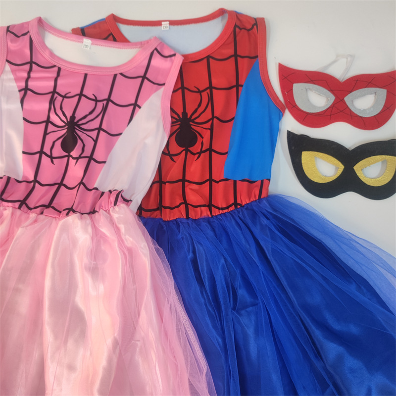 Summer Pink Spiderman Girls Dress + Mask Children Sleeveless Veil Mesh Spider Skirt Princess Dress