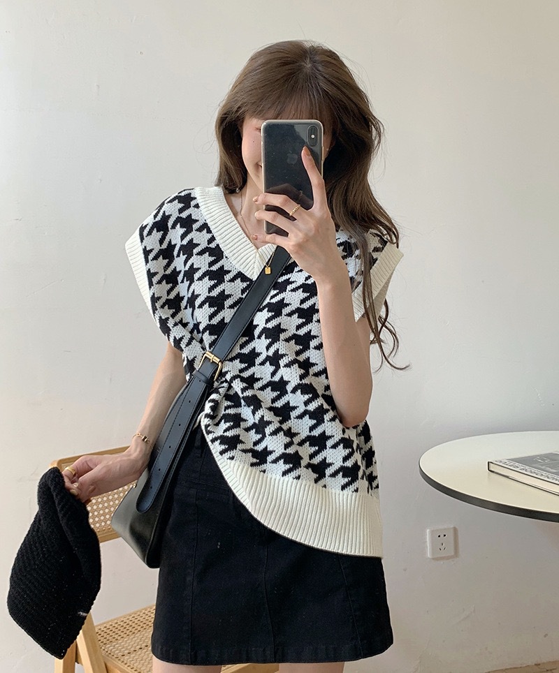 Hahnentritt-Weste Strickpullover 2022 Damen Herbst Neue koreanische lose Oberbekleidung Pullover Pullover Top_voghion.com