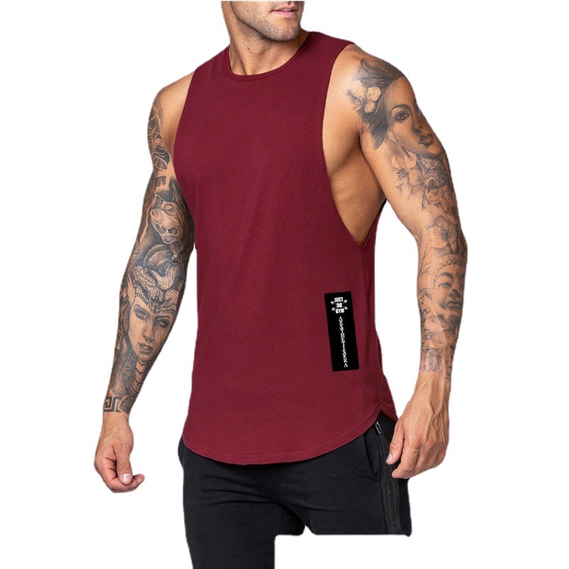 Men's new summer loose waistcoat men's right side long label printed bodybuilding fitness sleeveless vest