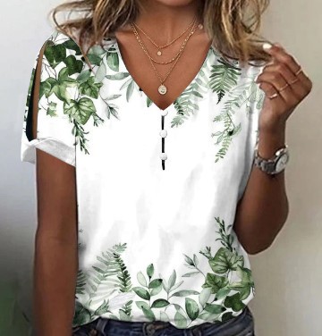 2023 New Fashion Flower Series 3D Printing V-Neck Button T-Shirt Top Daily Short Sleeve Foreign Trade Women's Clothing