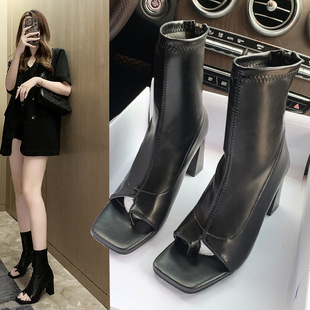 High-Heeled Short Boots for Women 2023 Autumn and Winter New Style Thong Breathable Elastic Sleeve Fish Mouth Thick Heel Sandals Slimming Look Women's Boots