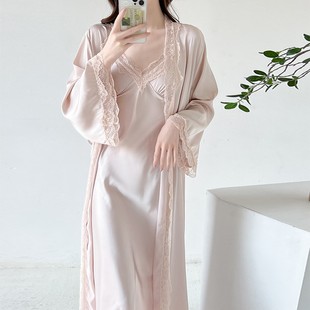 Ice Silk Pajamas Women's Summer Long Knee Sling Nightgown Nightgown Two-piece Set French Court Style Retro Home Clothes