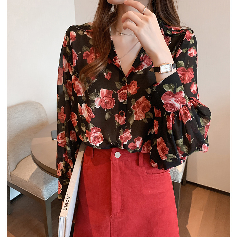 Floral Shirt Women's 2021 New Retro Loose Design Sense Top Long Sleeve Chiffon Shirt Base Shirt
