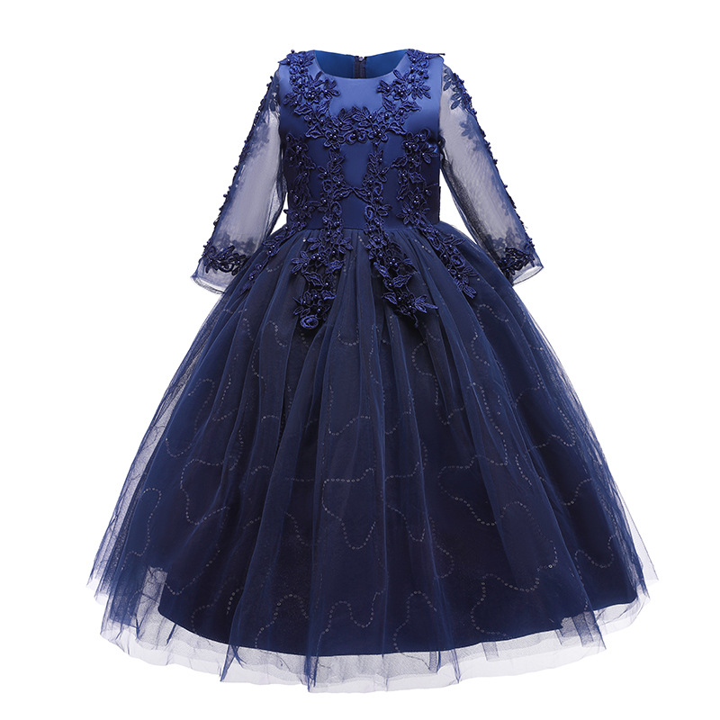 Flower girl dress long sleeve Princess sequined mesh sleeve children's long wedding dress puffy mesh girl princess dress