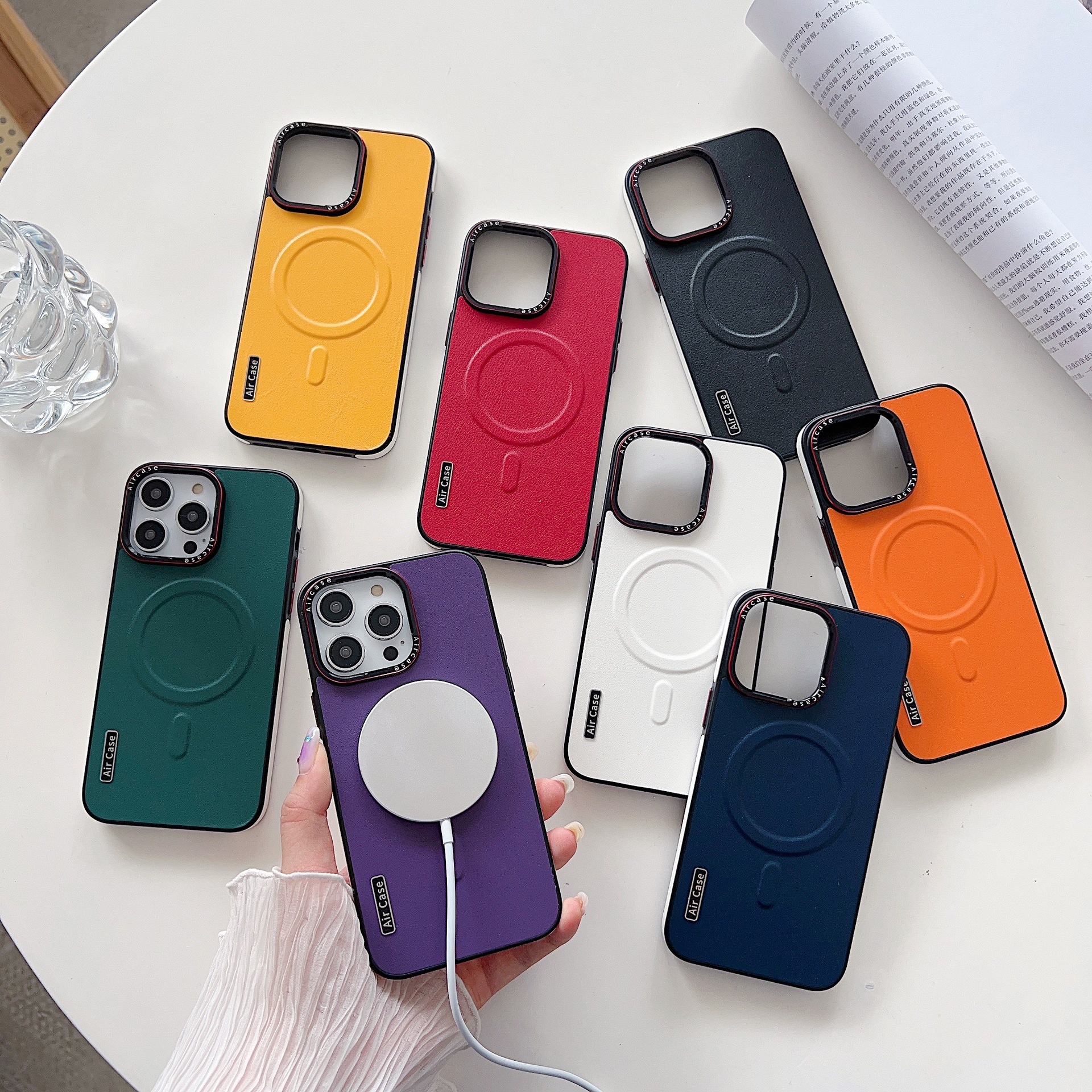 撞色素皮適用蘋果15Promax手機殼金屬按鍵磁吸iPhone14防摔保護套