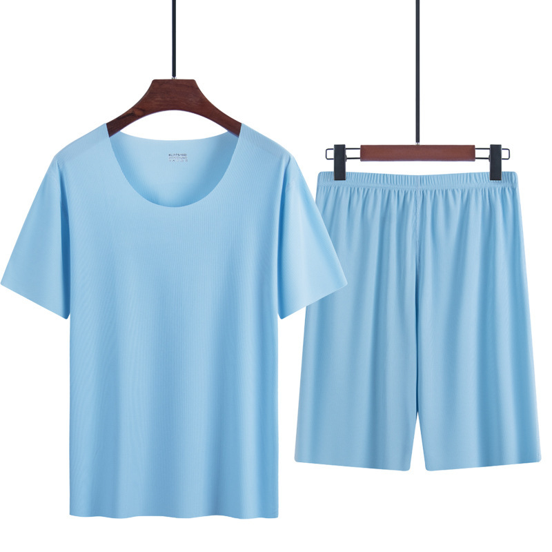 Ice Silk Pajamas Men's Summer Home Clothes Set Modal Seamless Crewneck Thin Short Sleeve Men's T-shirt Wholesale