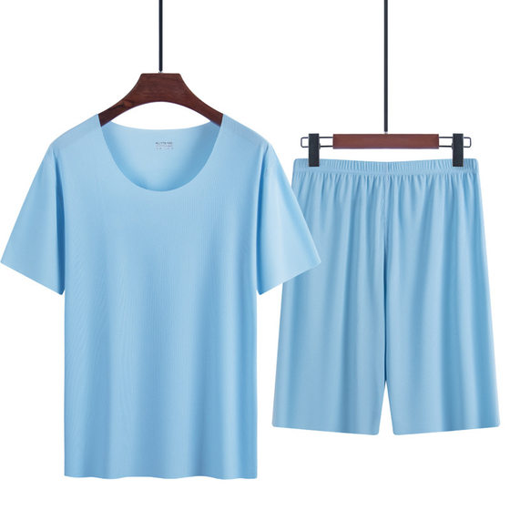 Ice Silk Pajamas Men's Summer Home Clothes Set Modal Seamless Crewneck Thin Short Sleeve Men's T-shirt Wholesale
