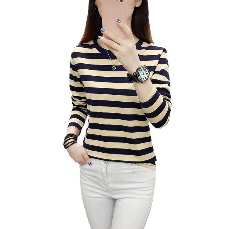 Spring new long-sleeved top women's outer wear bottoming shirt striped T-shirt casual comfortable ins trendy all-matching women's clothing