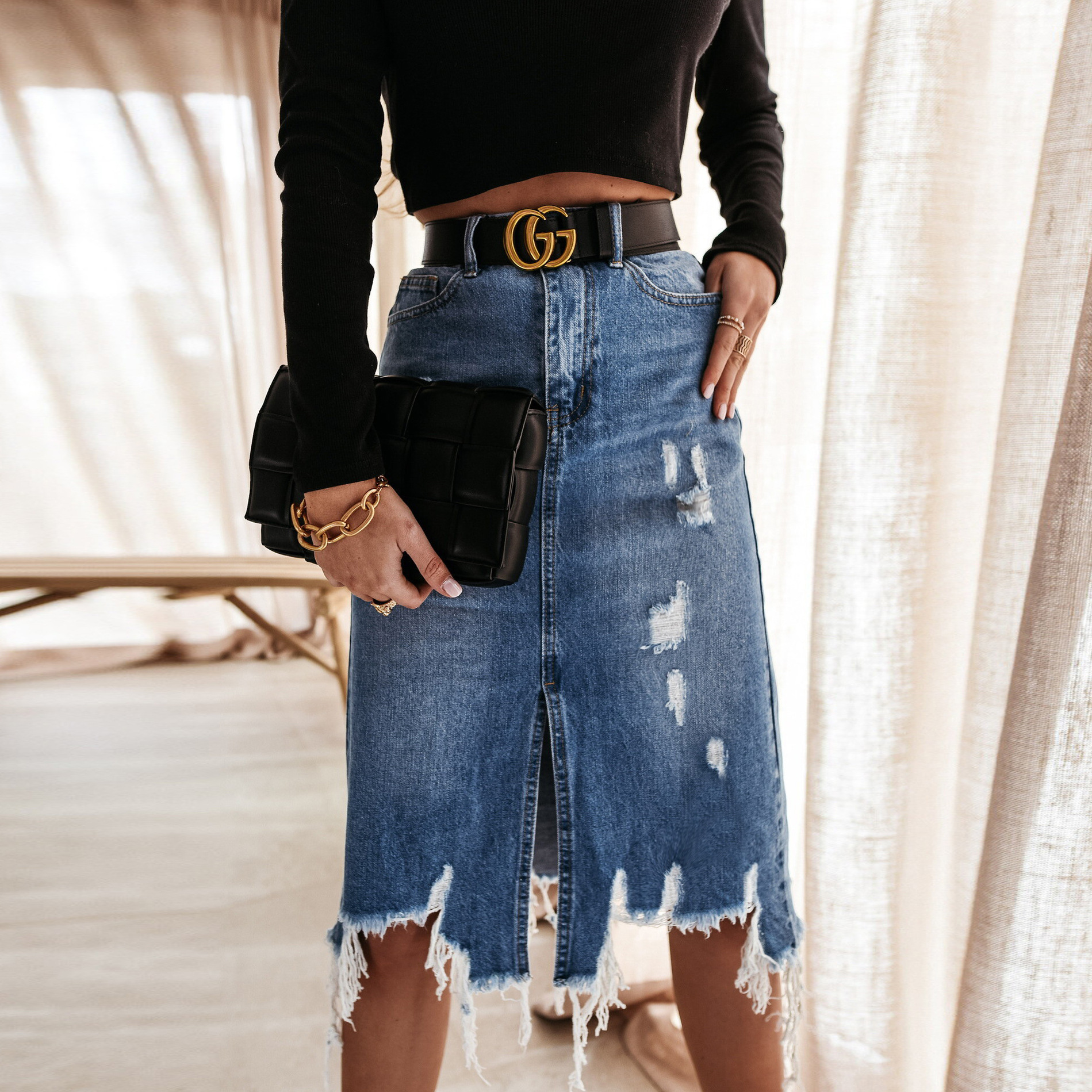 Summer New Cross-border European And American Denim Skirt Women Elegant Washed Irregular Ripped Tassel Midi Skirt ChezWe