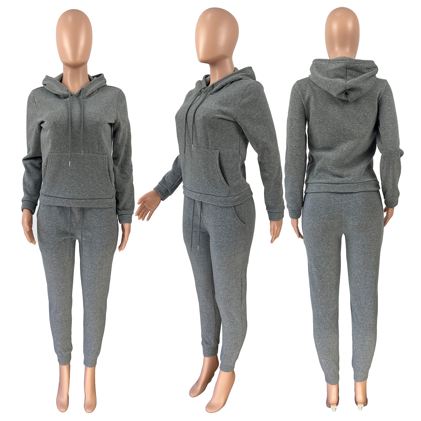 HR8197 European and American women's clothing  independent station supply autumn and winter plus velvet drawstring hooded two-piece set_voghion.com