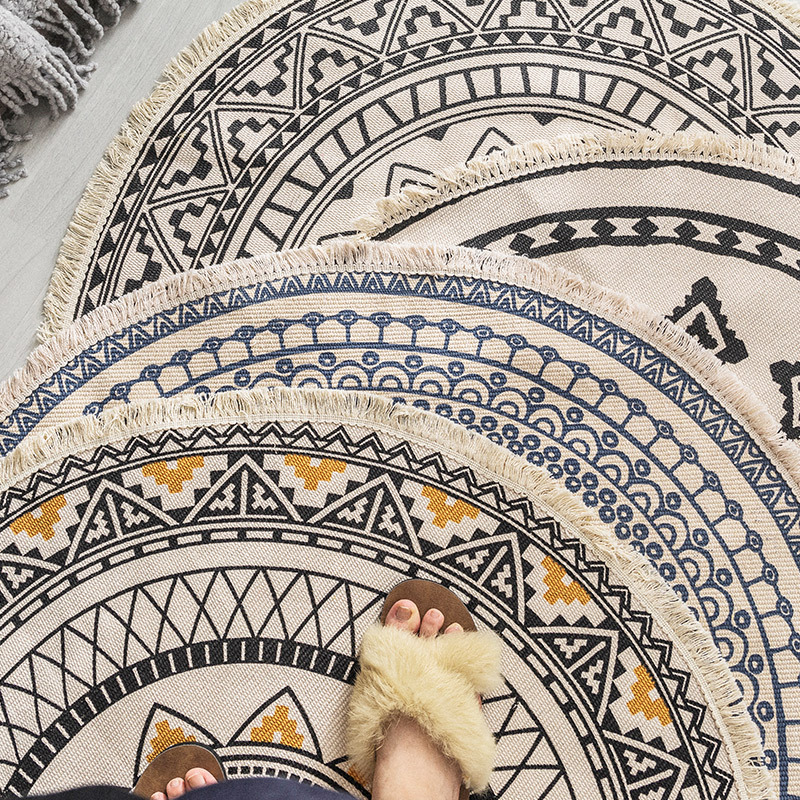 Cross-border Nordic ethnic cotton and linen floor mat round retro plain handmade carpet bedroom bedside floor mat