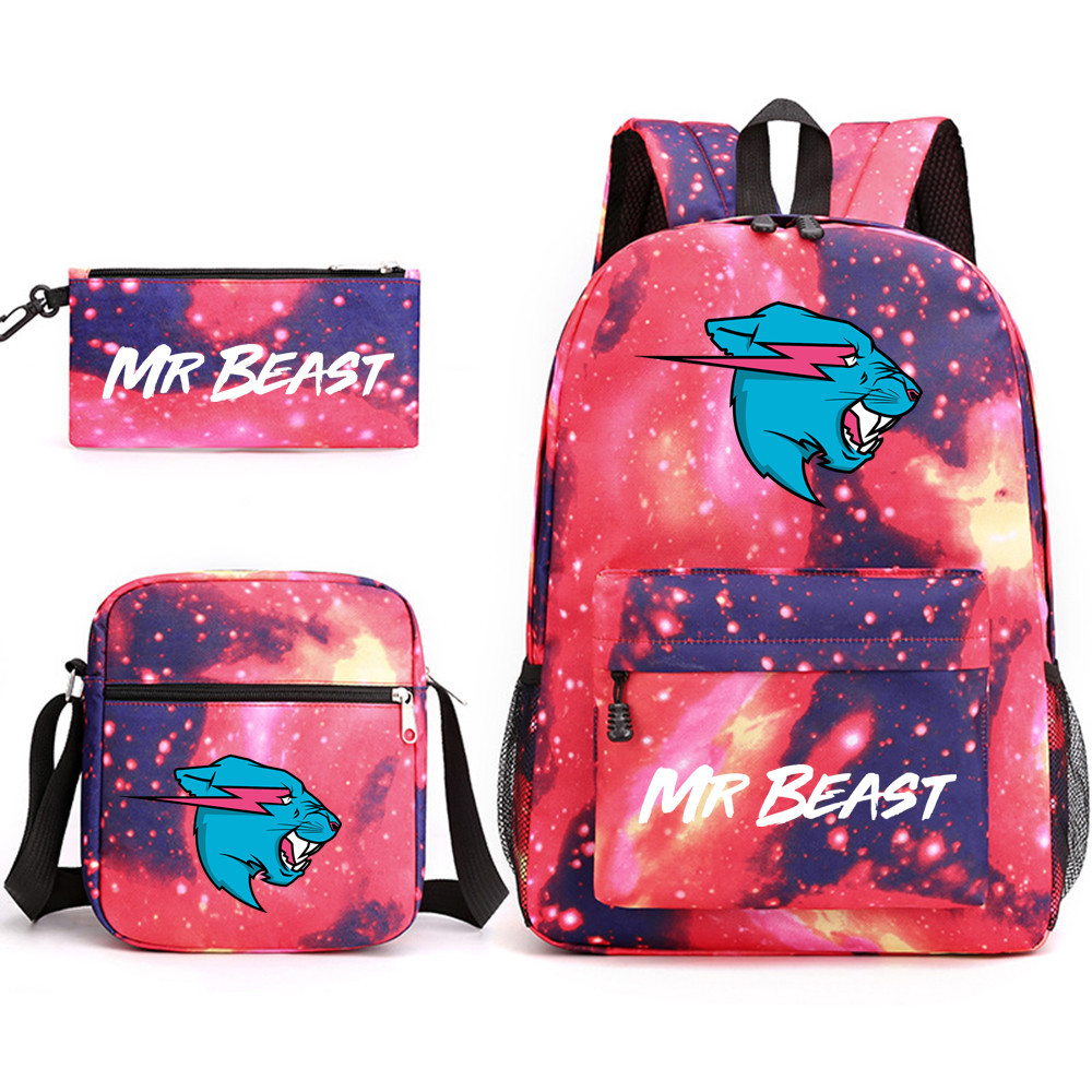 Mr Beast Lightning Cat書包三件套印花雙肩包學生電腦休閒帆布包