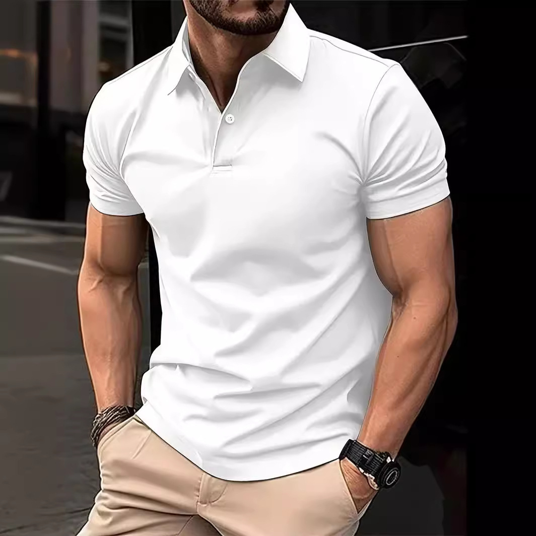 2024 New Amazon Cross-border Men's Casual Solid Color Button Short-sleeved T-shirt Bead Small Twill Polo Shirt for Men