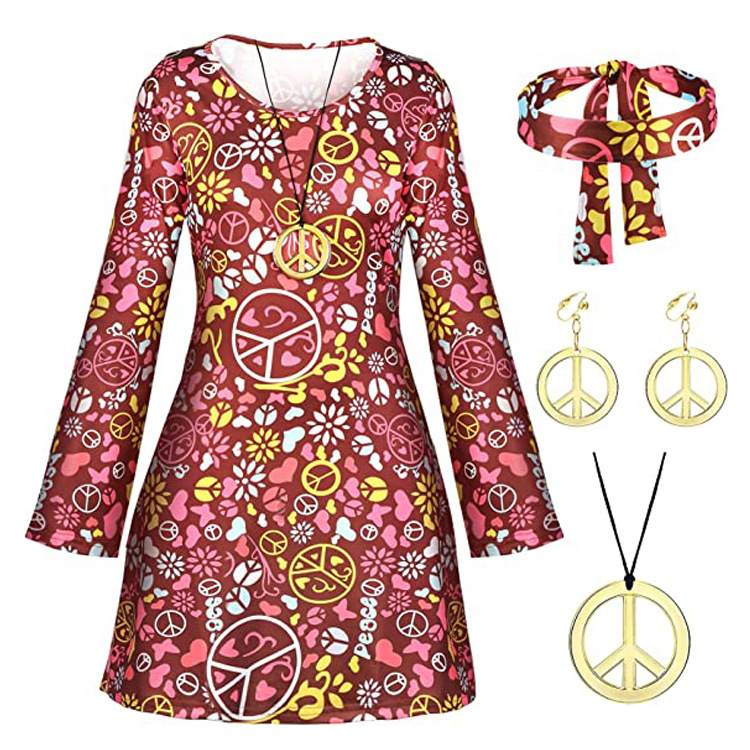 20.23 million Holy Festival 70 s Hippie Disco Costume Holiday Dress Turban + Printed Dress Two-Piece Set