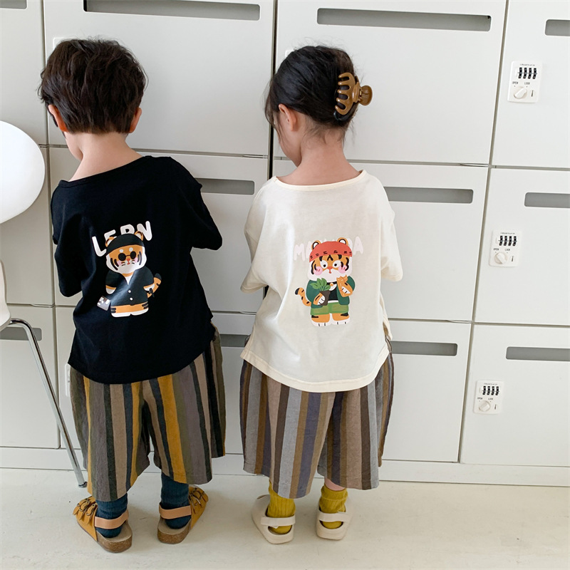 Jiaye Children's 2024 Boys Summer New Cotton and Linen Vertical Stripe Straight Pants Women's Loose Wide-leg Cropped Pants